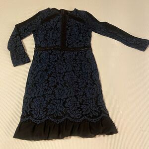 Goldie London Black Bodycon Dress With Navy Blue Lace Overlay Black Ruffle Med